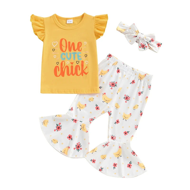 Baby Toddler Girls 2Pcs One Cute Chick Summer Outfit Fly Short Sleeve Top + Chicken Print Flare Pants Set