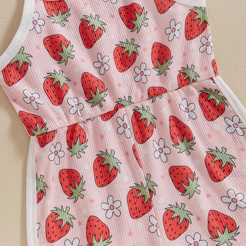 Baby Toddler Kids Girls Jumpsuit Sleeveless Tie Strap Tank Top Strawberry Print Romper Shorts Infant Playsuit