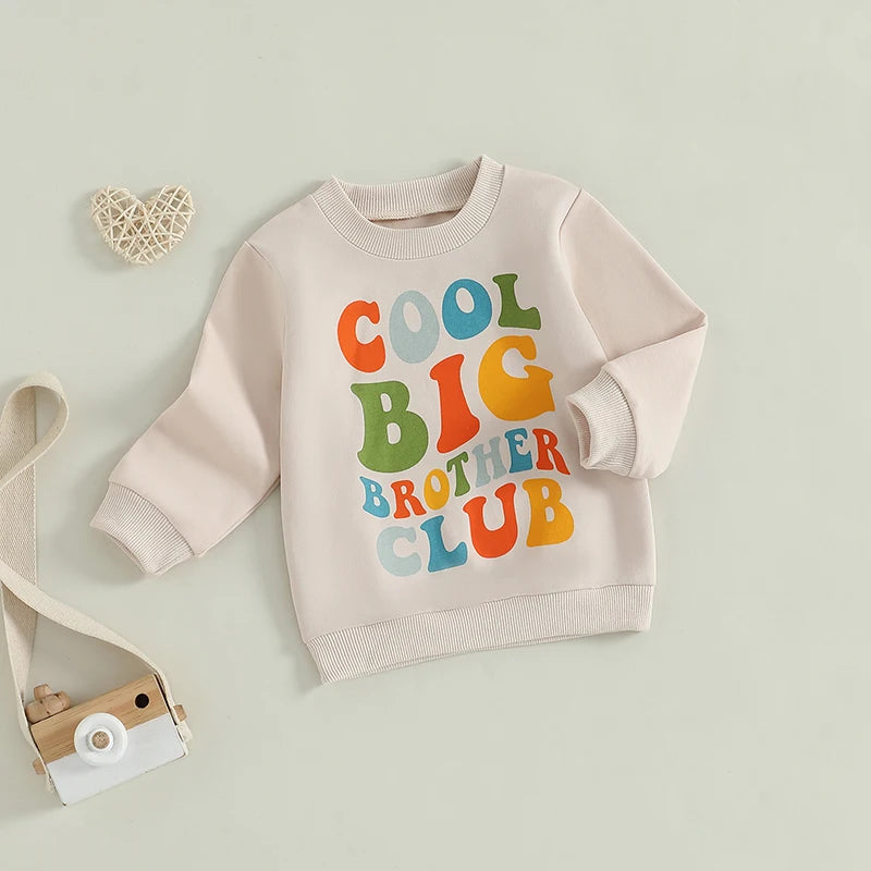 Toddler Kids Boys Cool Big Brother Club Fall Colorful Letter Print Long Sleeve Round Neck Pullover Loose Fall Top