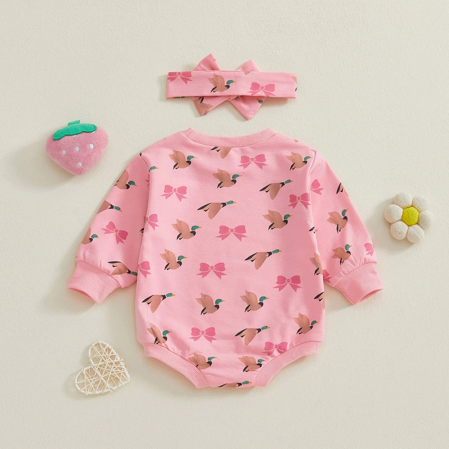 Baby Girls 2Pcs Romper Round Neck Duck and Bow Print Long Sleeve Jumpsuit with Headband Set
