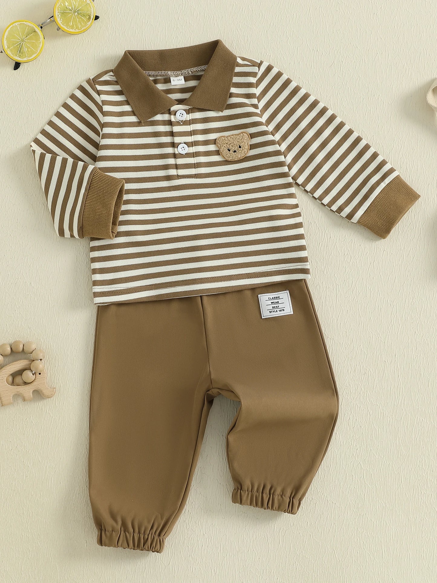 Baby Toddler Boys 2Pcs Fall Long Sleeve Lapel Bear Embroidery Striped Top Pants Sets