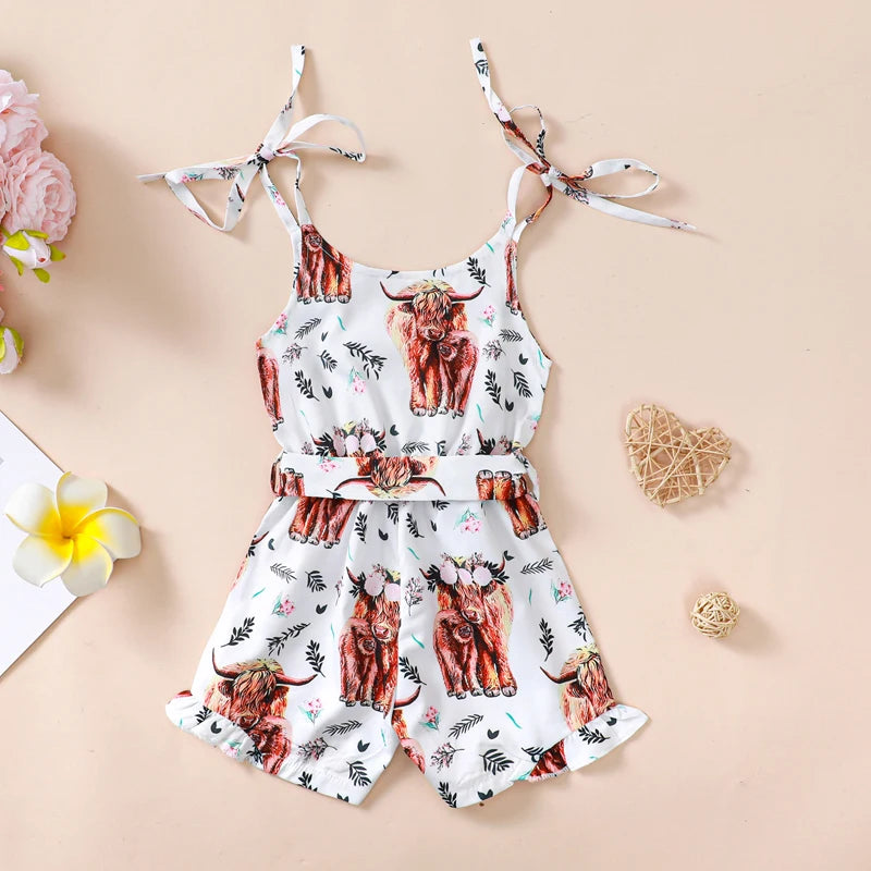 Baby Toddler Kids Girls Summer Romper Casual Western Highland Cow Daisy Flower Print Sleeveless Tie Tank Top Shorts Jumpsuit with Belt