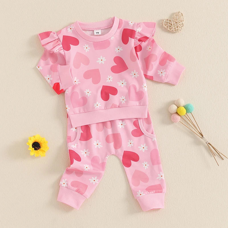 Baby Toddler Girls 2Pcs Outfit Heart Flower Print Long Sleeve Crewneck Frilly Shoulder Top with Jogger Pants Valentine's Day Set