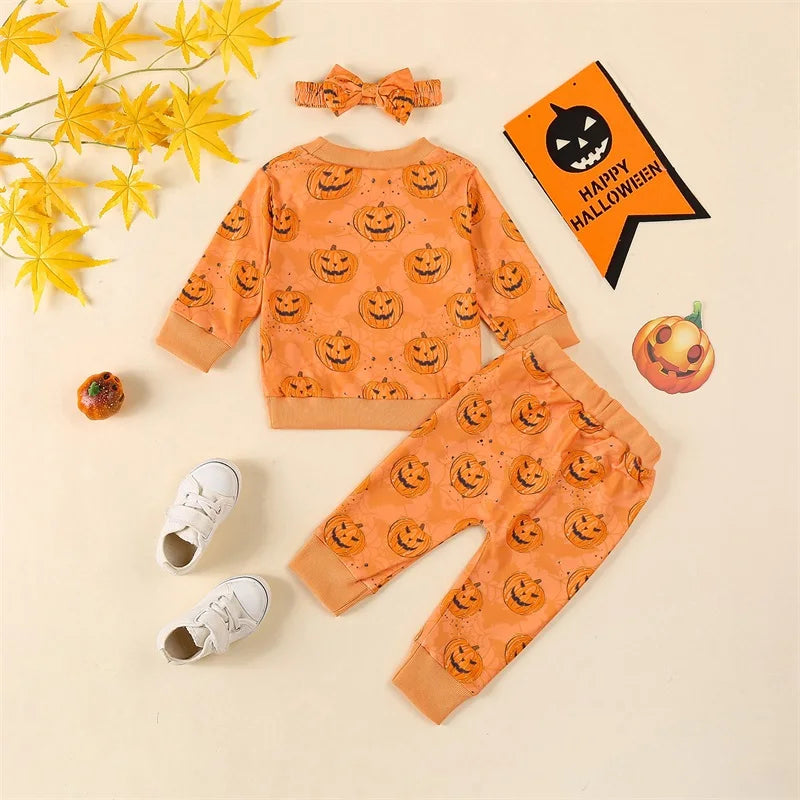 Baby Toddler Girls 3Pcs Halloween Outfit Pumpkin Print Long Sleeve Top Long Pants Headband Fall Set