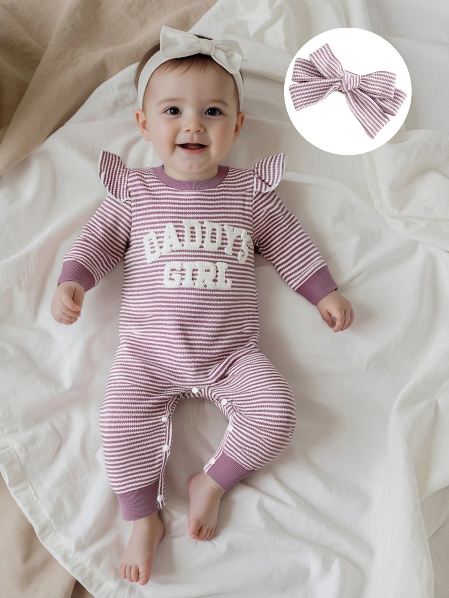 Baby Girls 2Pcs Daddy's Girl Striped Romper Letter Embroidery Ruffled Long Sleeves Jumpsuits and Cute Headband Set