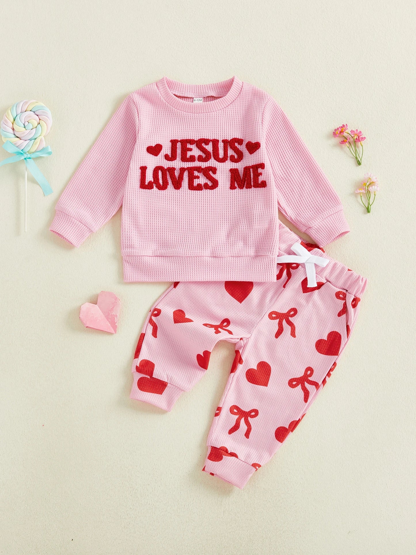 Baby Toddler Girls 2Pcs Valentine's Day Be Mine / Jesus Loves Me Outfit Fashionable Heart Letters Embroidery Long Sleeve Pullover Top with Pants Jogger Set