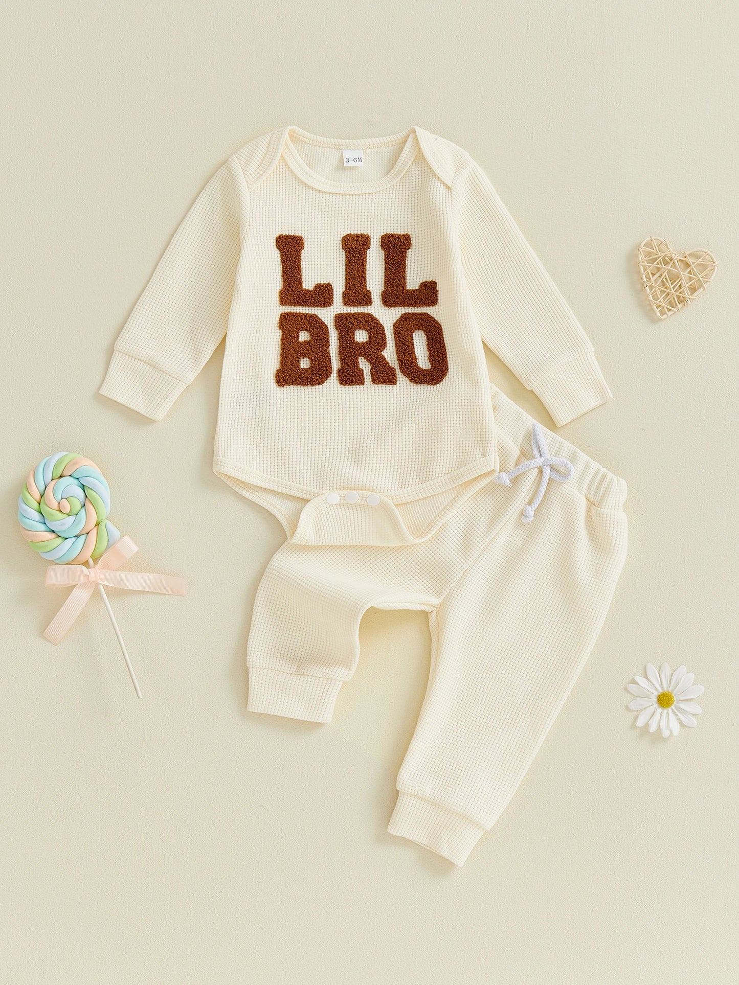 Baby Boy 2Pcs Lil Bro Outfit Waffle Letter Embroidered Ribbed Crew Neck Long Sleeve Romper and Jogger Pants 2 Pcs Set