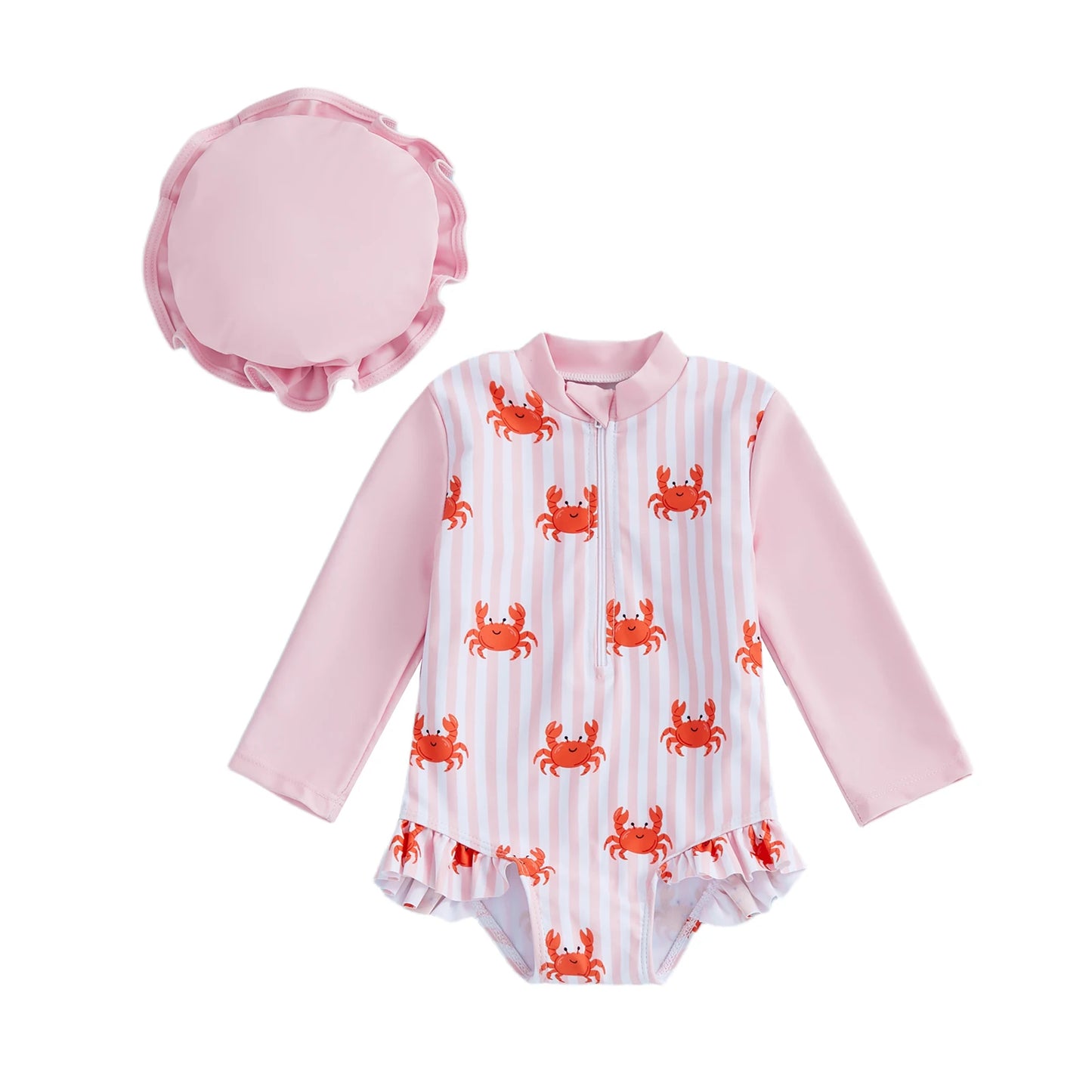 Baby Toddler Girls 2Pcs Rash Guard Swimsuit Long Sleeve Lobster Crab Print Ruffled Swimwear for Beach Set