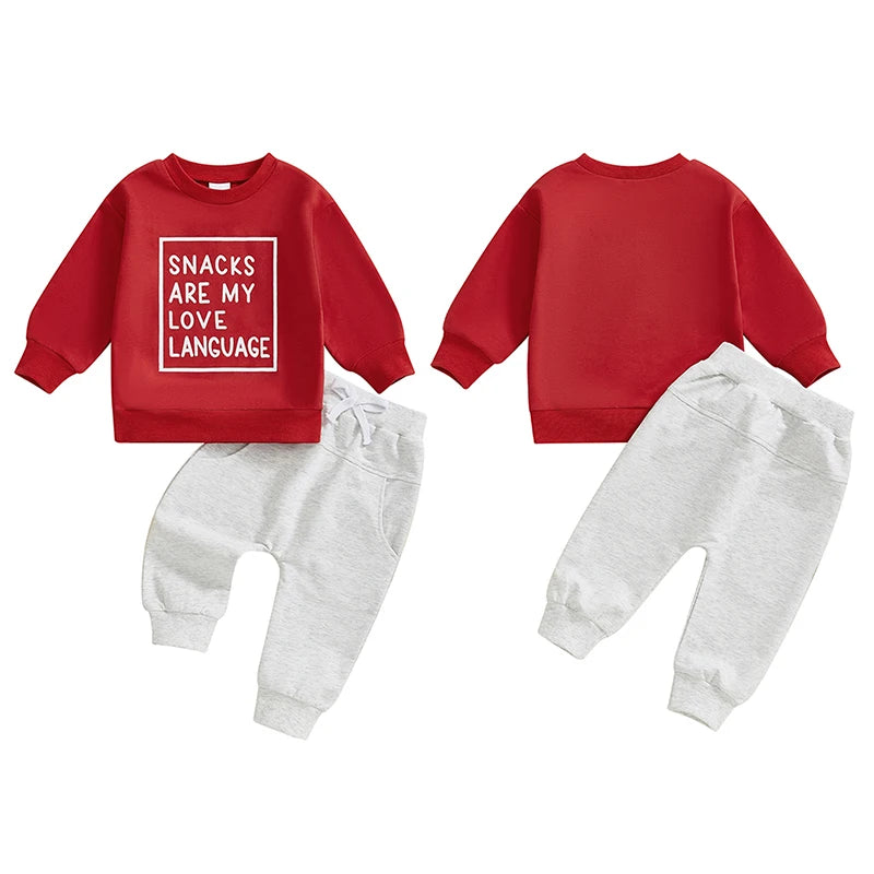 Baby Toddler Boys 2Pcs Snacks Are My Love Language Fall Outfit Letter Print Long Sleeve Top and Long Pants Jogger Set