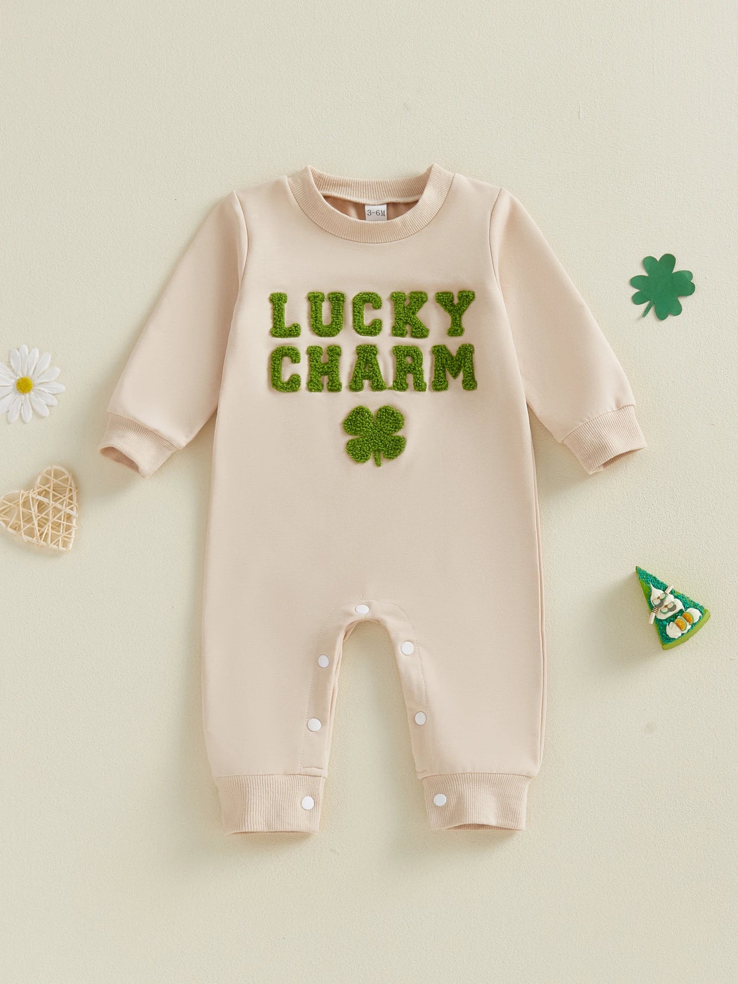 Baby Boys Girls Lucky Charm Irish Romper Fashionable Letters Shamrock Embroidery Crew Neck Long Sleeve St. Patrick's Day Jumpsuit