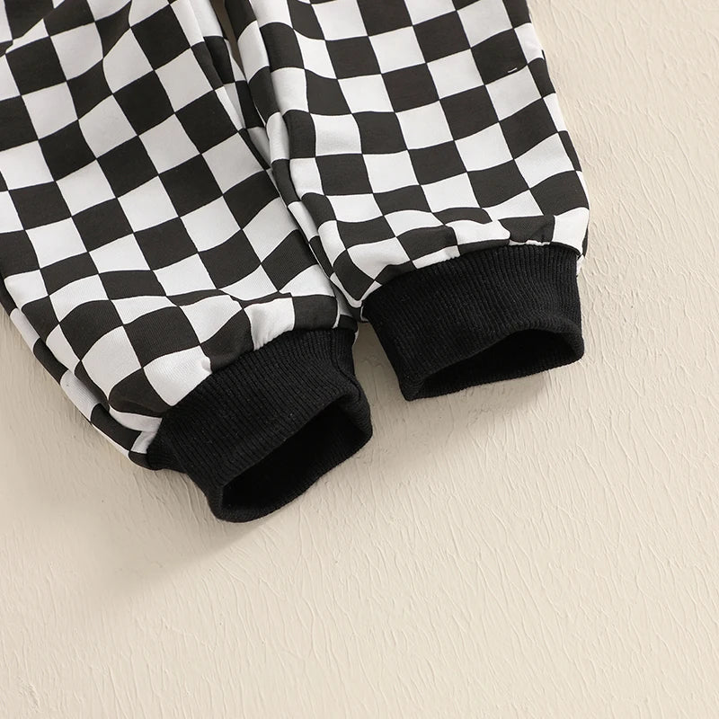 Baby Toddler Boy 2Pcs Checkered Outfit Long Sleeve Zip Up Hoodie Elastic Waist Pants with Pockets Jogger Set