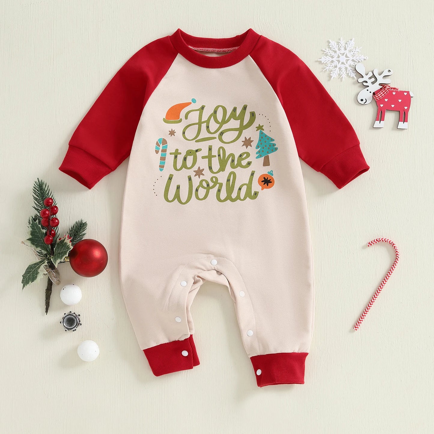 Baby Boys Girls Joy To The World Christmas Romper Letter Tree Long Raglan Sleeve Crewneck Jumpsuit Winter Clothes