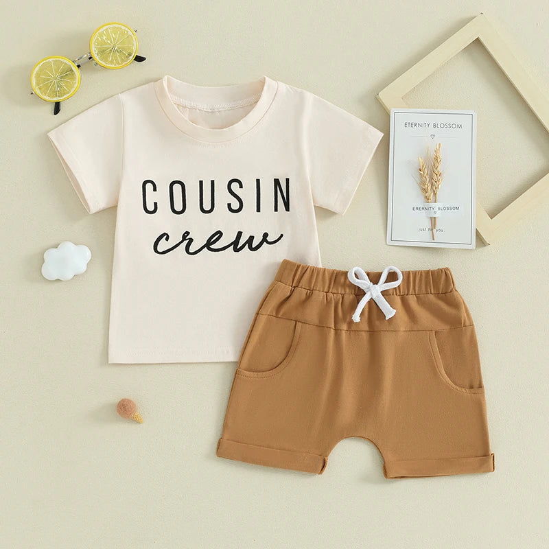 Toddler Baby Boy Girl 2Pcs Family Matching Cousin Crew Short Sleeve Letter Print Top + Elastic Waist Shorts Outfit Set