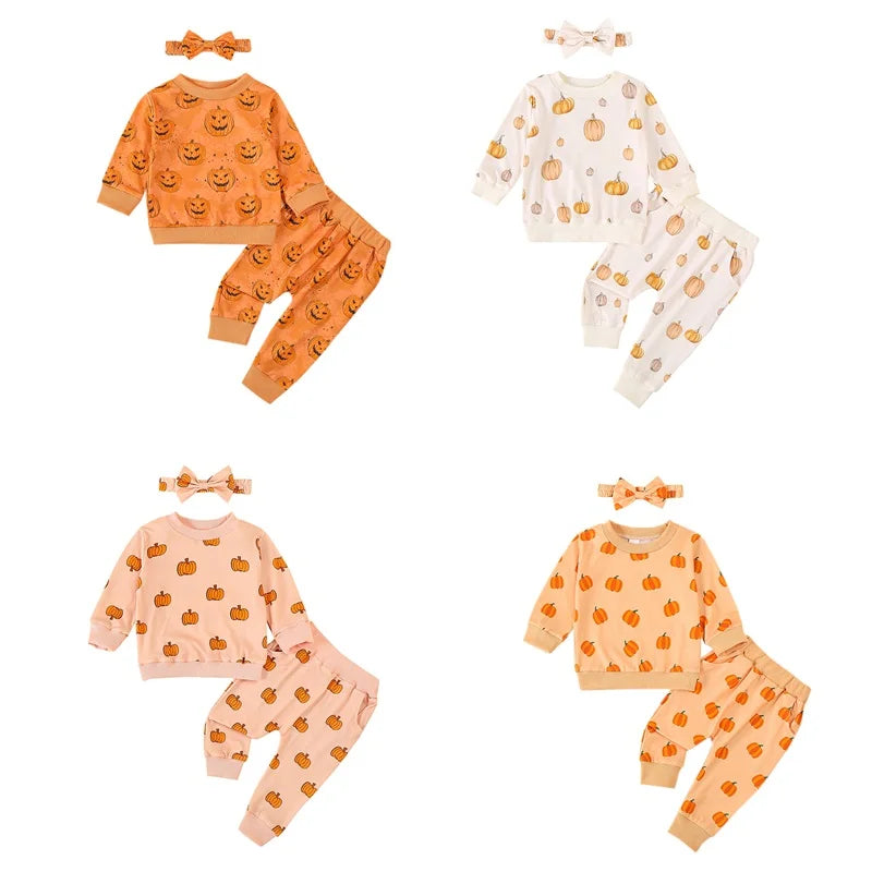 Baby Toddler Girls 3Pcs Halloween Outfit Pumpkin Print Long Sleeve Top Long Pants Headband Fall Set