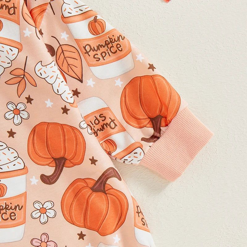 Baby Girl Halloween Fall Thanksgiving Romper Pumpkin Latte Flowers Floral Print Round Neck Long Sleeve Bubble Jumpsuit