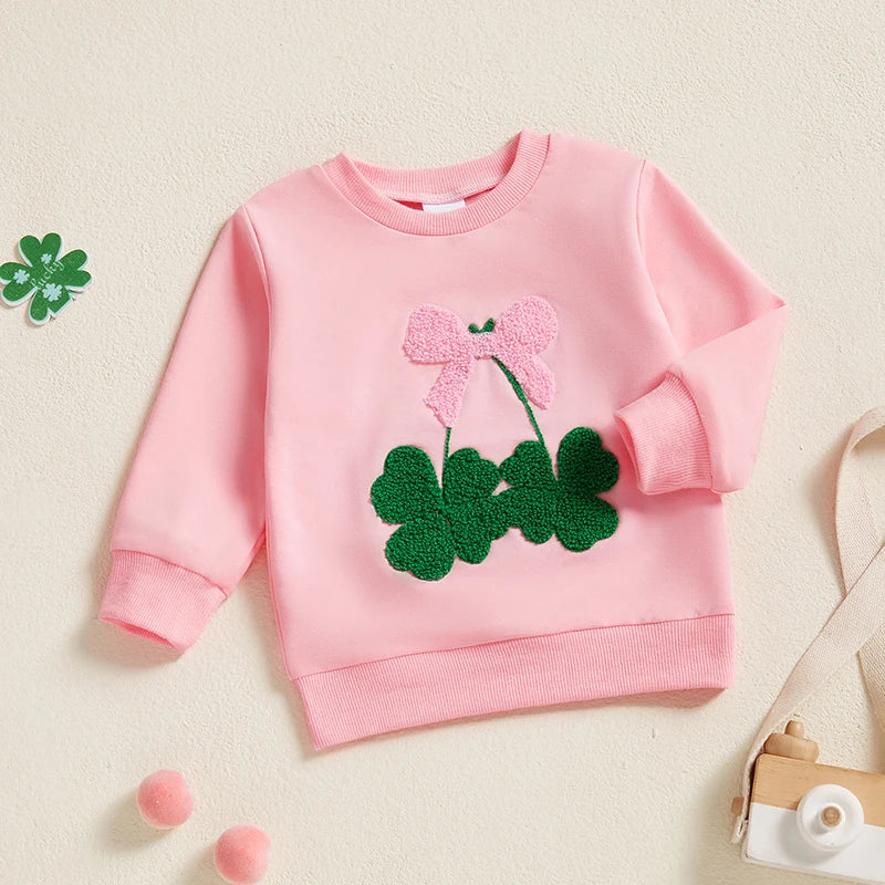 Baby Toddler Girls St. Patrick's Day Irish Bow Four Leaf Clover Embroidery Long Sleeve Pullover Top Casual Spring Clothes