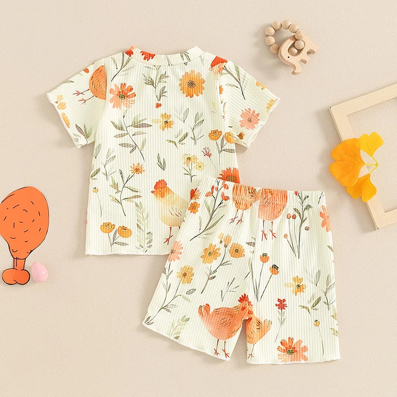 Toddler Kids Girls 2Pcs Clothes Set Chicken Cow Flower Print Short Sleeve Top with Shorts Summer Outfit