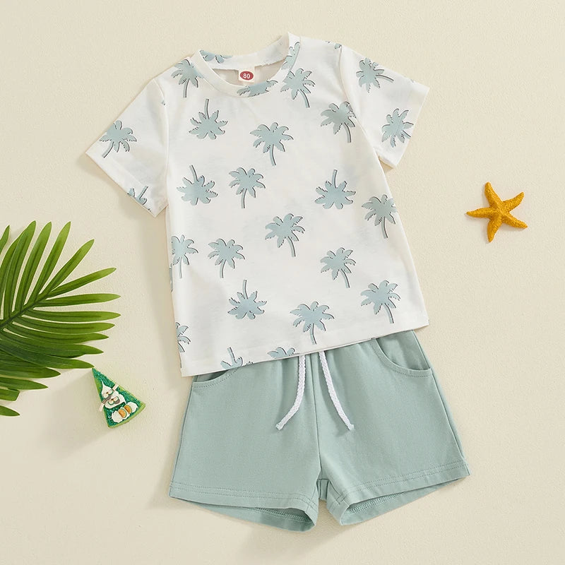 Baby Toddler Boys 2Pcs Summer Outfit Short Sleeve Palm Tree Print Top and Drawstring Shorts Set