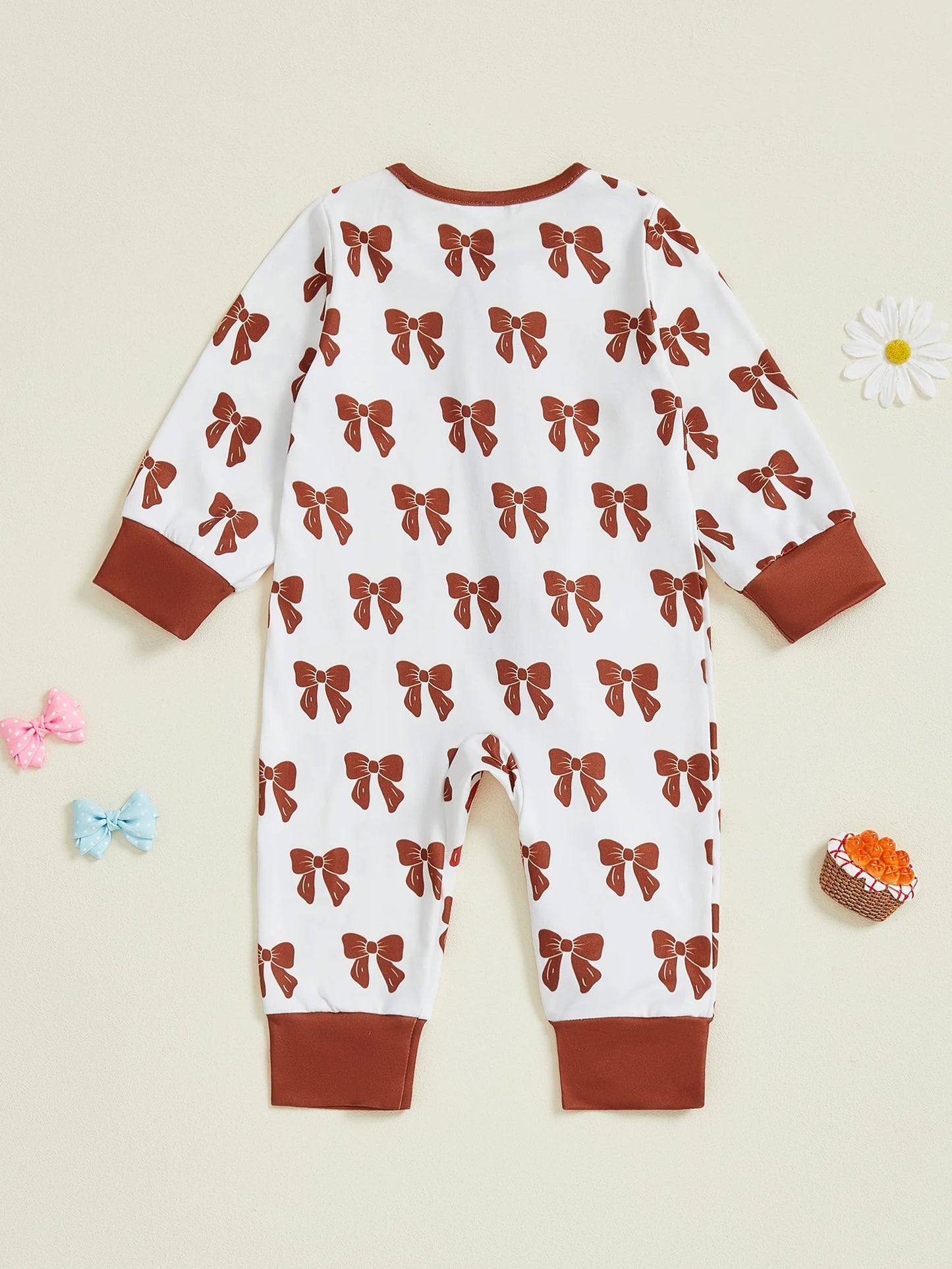 Baby Girl Zipper Romper Long Sleeve Round Neck Bow Print Jumpsuit