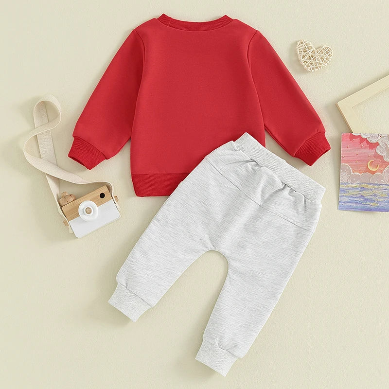 Toddler Baby Boy 2Pcs Valentine's Day Outfits Lover Boy Letter Embroidery Long Sleeve Top and Elastic Pant Clothes Set