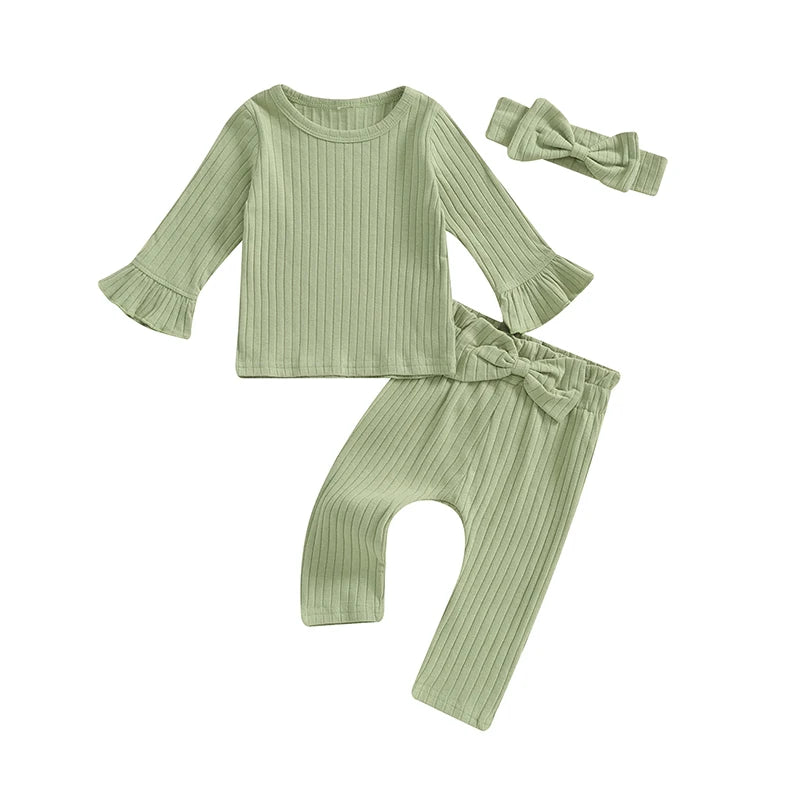 Baby Toddler Girls 3Pcs Outfit Long Flared Sleeve Round Neck Solid Color Top Ribbed Pants Headband Set