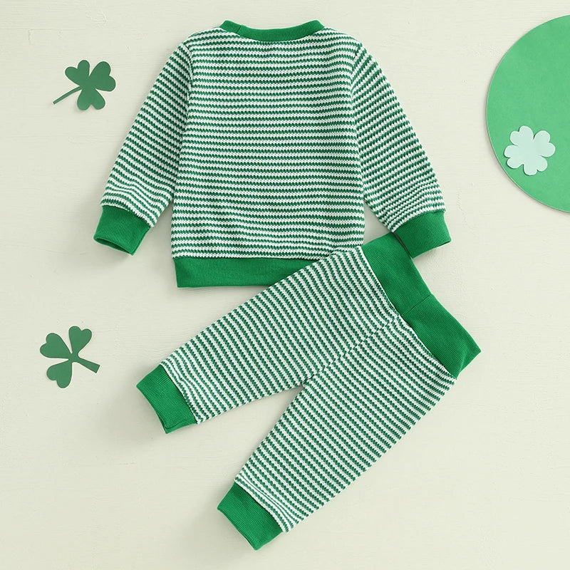 Baby Toddler Girls Boys 2Pcs St. Patrick's Day Outfit Long Sleeve Shamrock Four Leaf Clover Embroidery Crewneck Top + Stripes Jogger Pants Set Spring Clothes