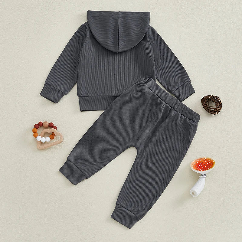 Baby Toddler Boys Girls Fall Outfit Ribbed Long Sleeve Hooded Top and Elastic Waist Pants Jogger Set