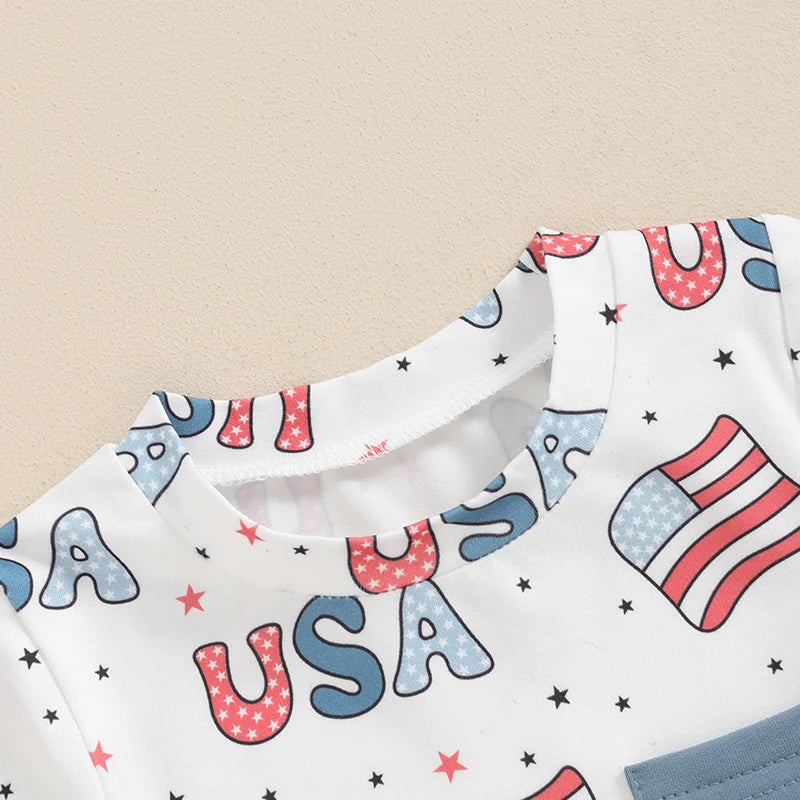 Baby Toddler Boys 2Pcs 4th of July USA Outfit Short Sleeve Letter Flag/Star Checkerboard Print Top Drawstring Shorts Set