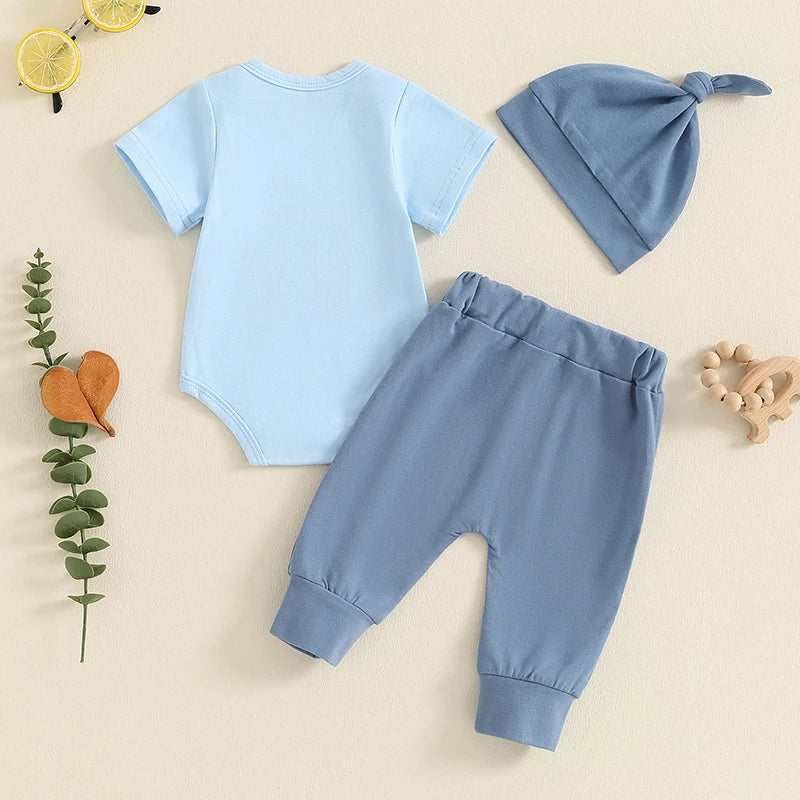 Baby Boy 3Pcs New To The Crew Outfit Letter Short Sleeve Romper with Solid Color Pants and Hat Set