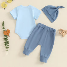 Load image into Gallery viewer, Baby Boy 3Pcs New To The Crew Outfit Letter Short Sleeve Romper with Solid Color Pants and Hat Set
