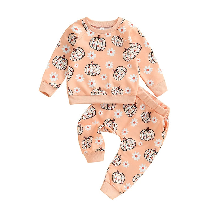 Baby Toddler Girl 2 Pcs Flower Pumpkin Print Long Sleeve Top Halloween Pink Long Pants Outfit Set