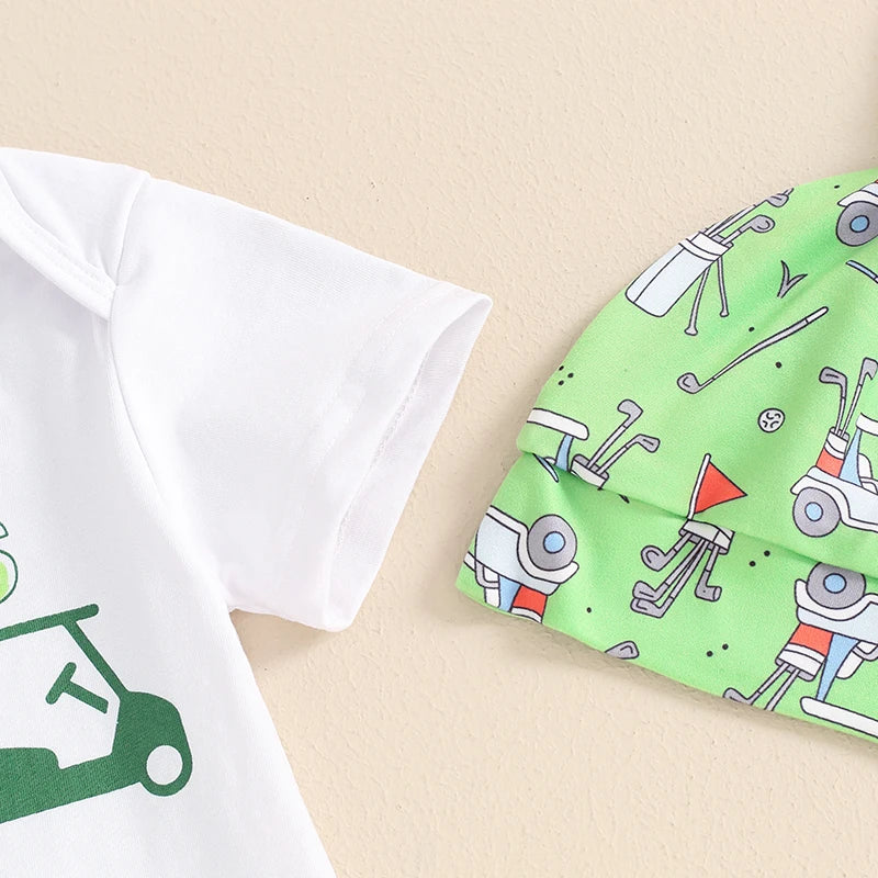 Baby Boys 3Pcs Outfit Daddy's Golf Buddy / It's In My DNA Letters Print Short Sleeve Romper Golf Cart Print Pants and Hat Infant Clothes Set