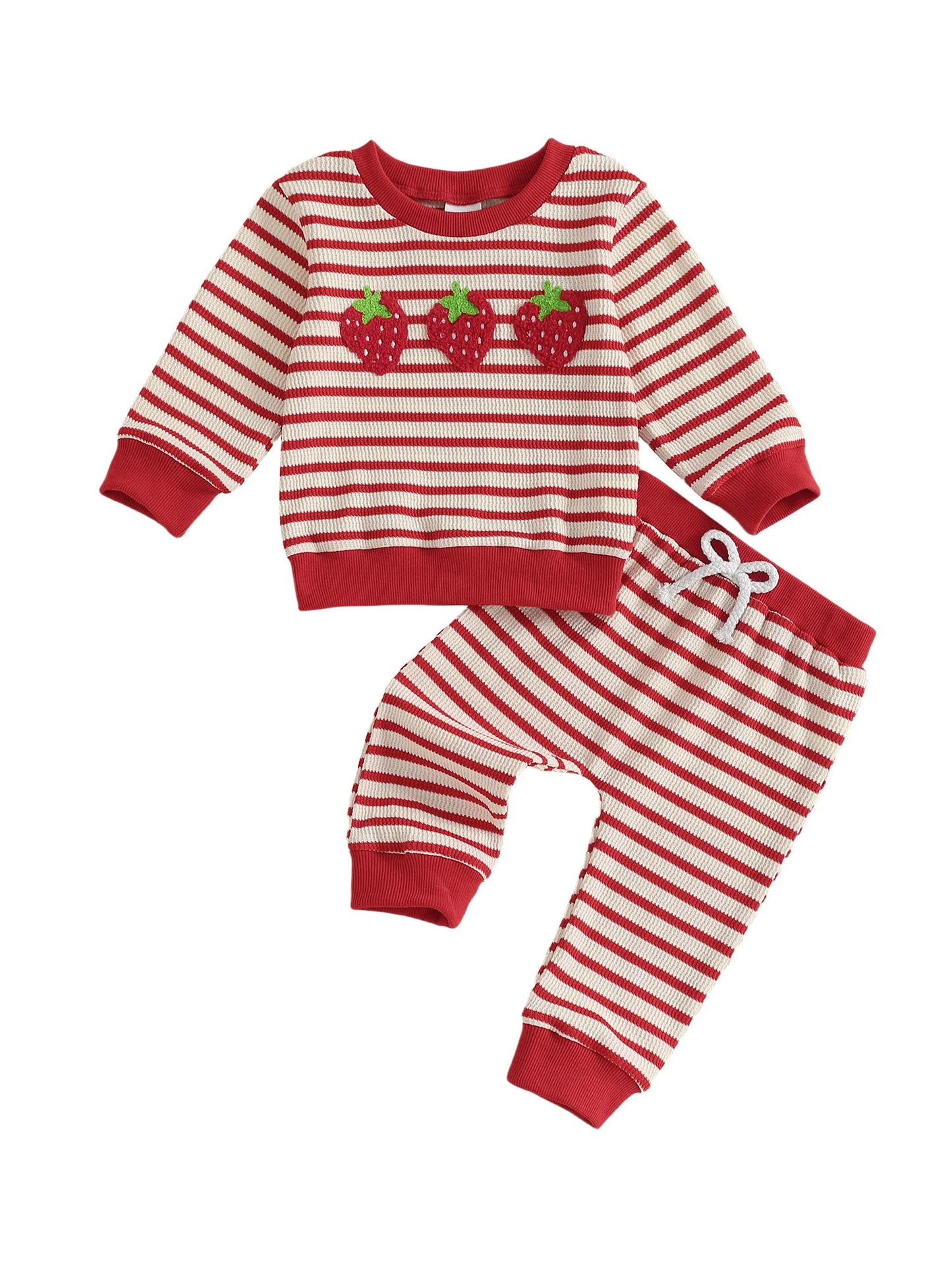 Baby Toddler Girls 2Pcs Autumn Pants Sets Strawberry Embroidery Long Sleeve Top Striped Pants Set