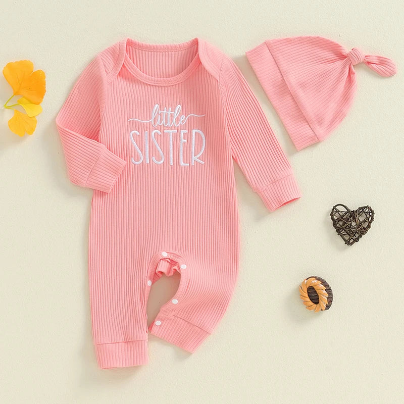 Baby Girls Boys 2Pcs New To The Crew / Little Brother / Sister Autumn Jumpsuit Long Sleeve Crewneck Letter Embroidery Romper with Hat Set