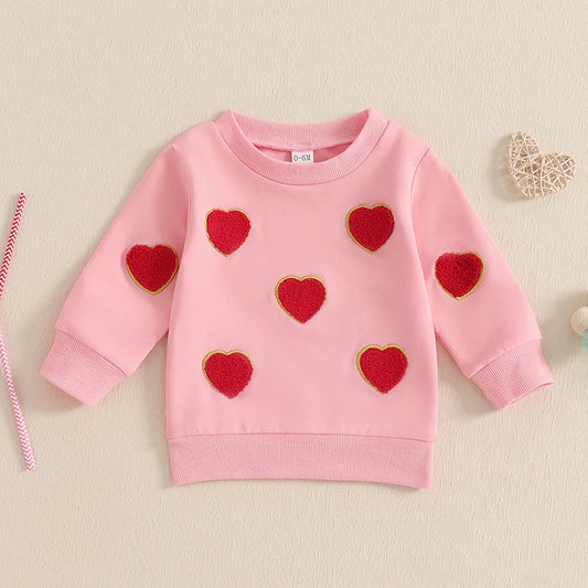 Baby Toddler Girls Valentines Heart Embroidery Long Sleeve Pullover Crewneck Valentine's Day Top