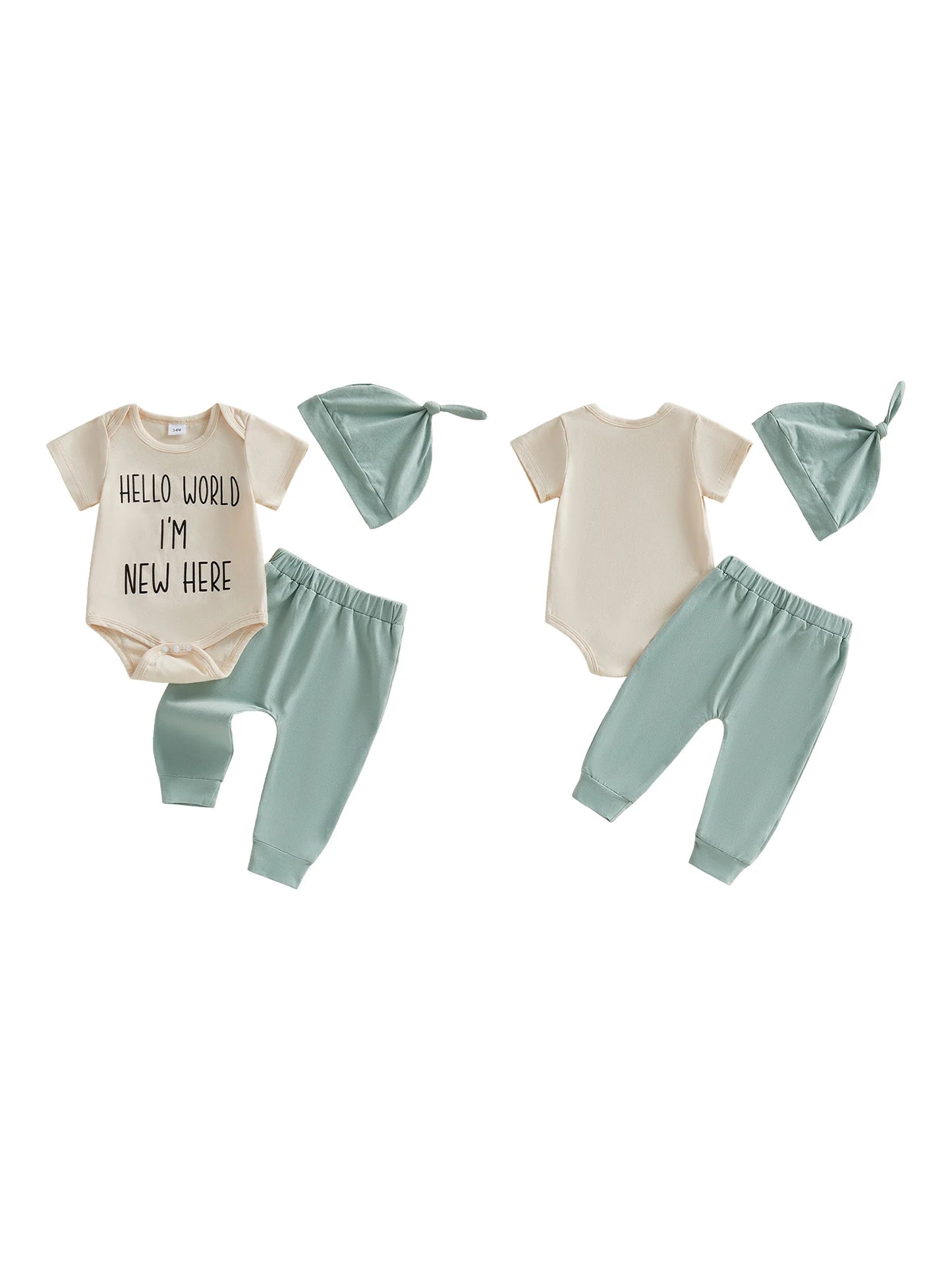 Baby Boy 3Pcs Hello World I'm New Here Summer Outfit Letter Print Crew Neck Short Sleeve Romper Pants and Hat Set