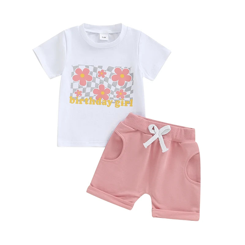 Baby Girl 2Pcs Birthday Girl One Year Old Flower Letter Print Short Sleeve Top Elastic Waist Shorts Outfit Set