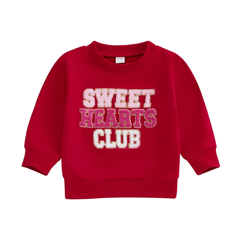 Baby Toddler Girls Sweet Hearts Club Valentine's Day Letter Embroidery Crewneck Long Sleeve Casual Pullover Top Valentines