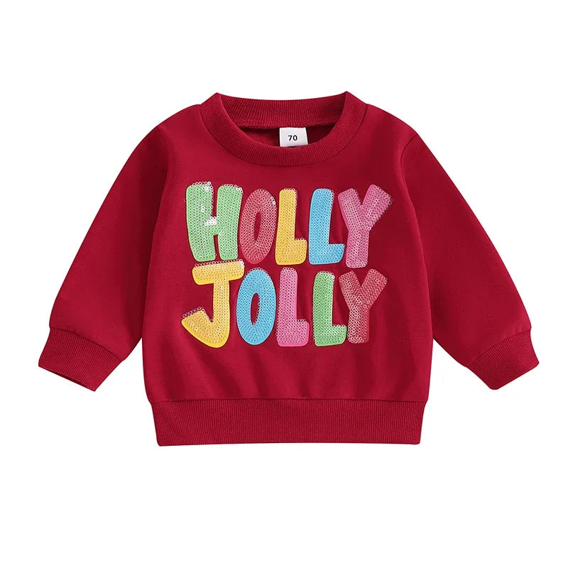 Baby Toddler Kids Boys Girls Holly Jolly Christmas Long Sleeve O Neck Sequins Letter Embroidery Pullover Top