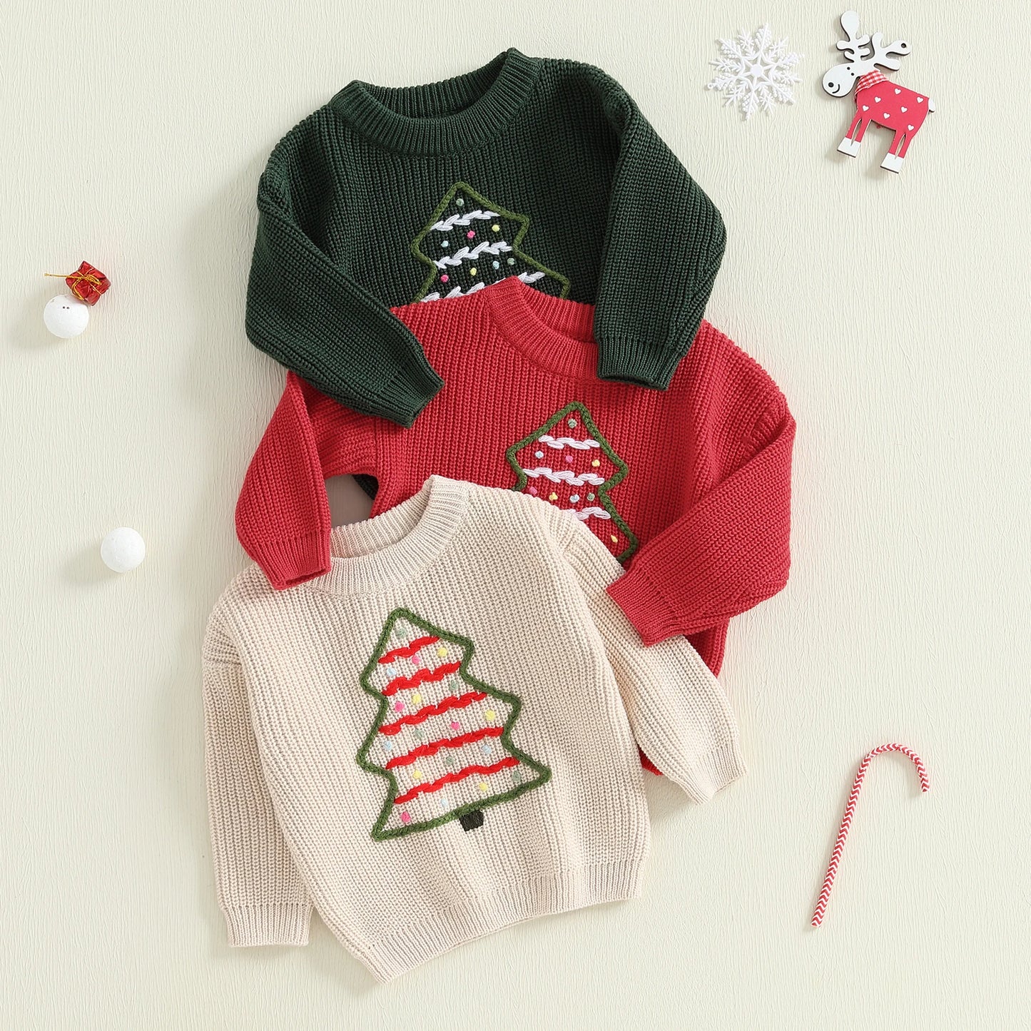 Baby Toddler Boys Girls Christmas Sweater Christmas Tree Embroidered Ribbed Long Sleeve Knitted Top for Winter
