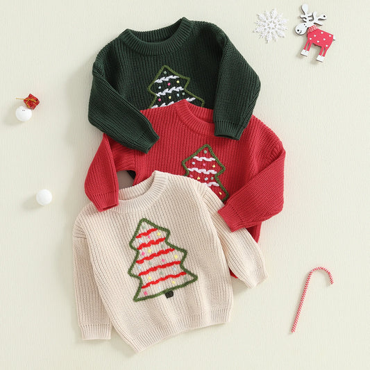 Baby Toddler Boys Girls Christmas Sweater Christmas Tree Embroidered Ribbed Long Sleeve Knitted Top for Winter
