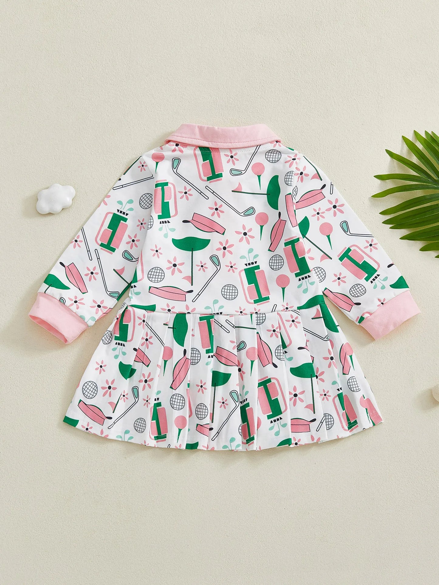 Baby Toddler Girl Golf Print Dress Lapel Button Front Long Sleeves A Line Dress