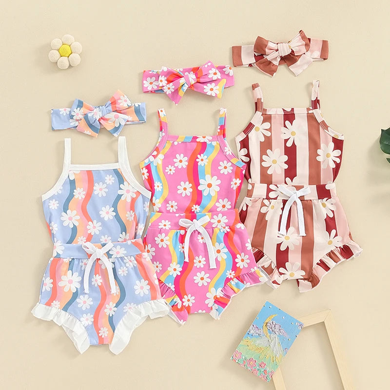 Baby Girls 3Pcs Clothes Set Flower Stipes Print Sleeveless Tank Top Romper with Shorts Bloomers Hairband Summer Outfit