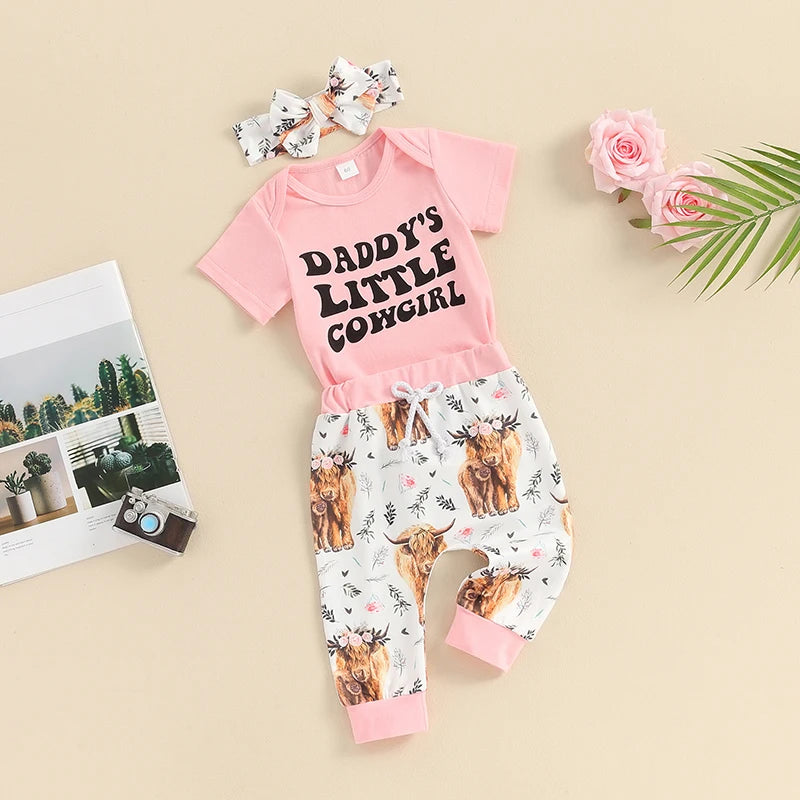 Baby Girls 3Pcs Daddy's Little Cowgirl Short Sleeve Letters Print Romper with Cow Print Pants and Headband Set