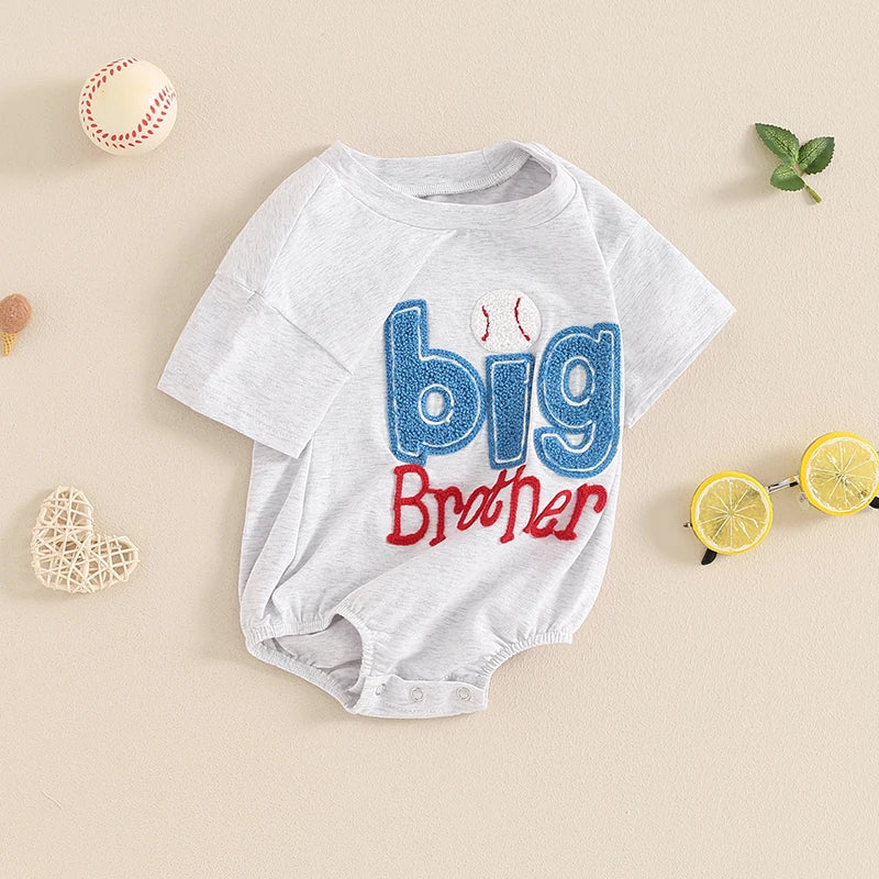 Baby Girl Boy Romper Short Sleeve Crew Neck Big Lil Bro Baseball Brother Big Sis Sister Letter Embroidery Bodysuit