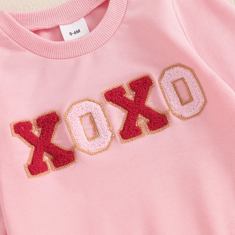 Baby Toddler Girls 2Pcs XOXO Valentine's Day Outfit Letter Embroidery Long Sleeve Crewneck Top with Heart Pattern Flare Pants Valentines Set