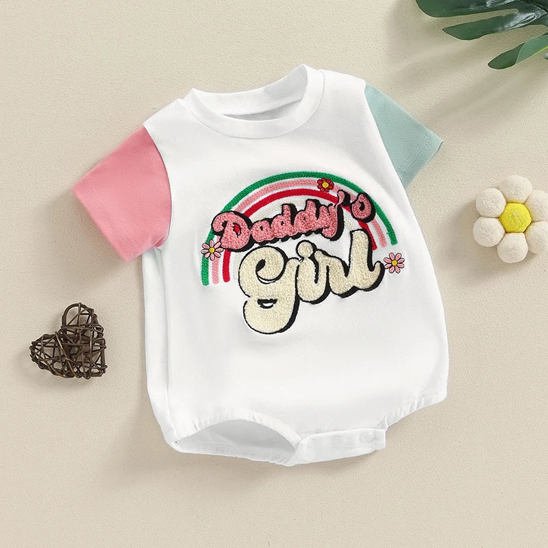 Baby Girls Daddy's Girl Bodysuit Short Sleeve Crew Neck Embroidery Letters Rainbow Jumpsuit Romper