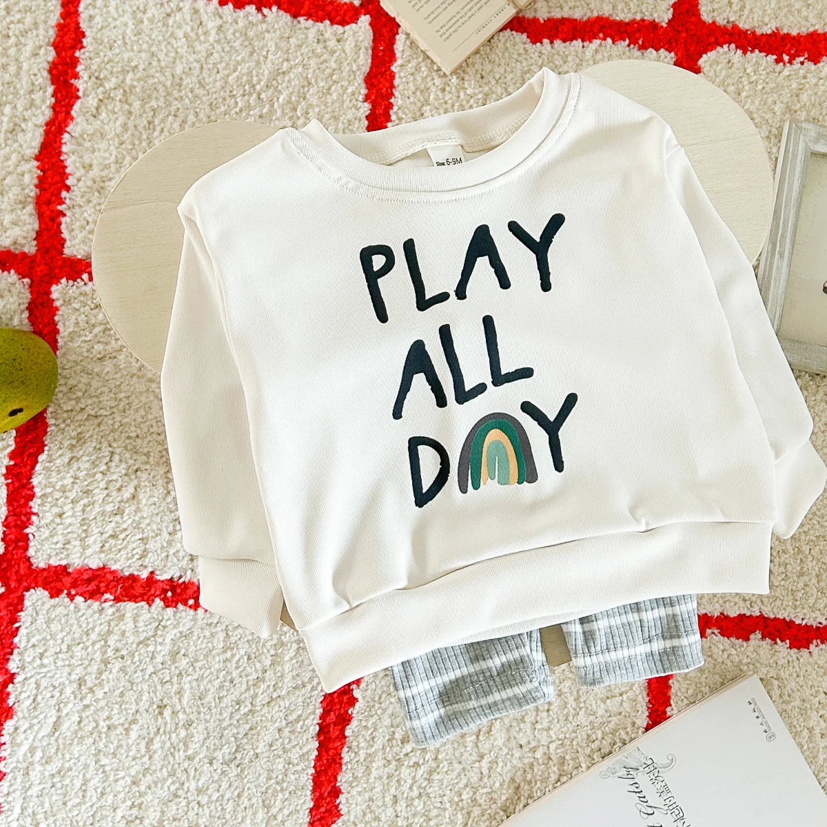 Baby Toddler Boys Girls 2Pcs Play All Day Words Letters Rainbow Print Pullover Top + Striped Pants Outfit Set