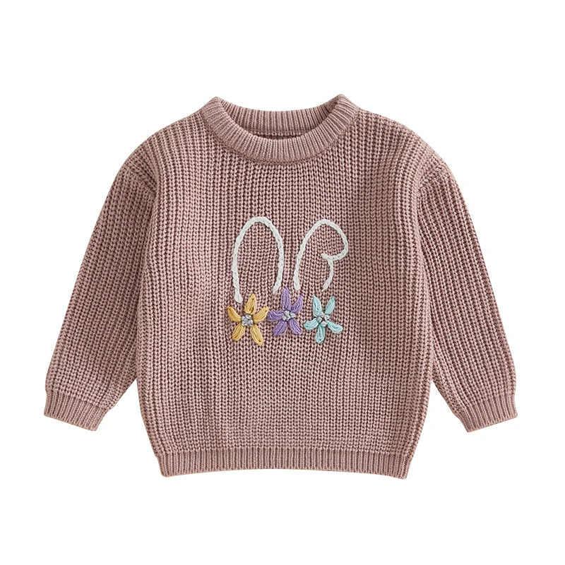 Baby Toddler Kids Girl Boy Children Bunny Rabbit Ears Flowers Bowtie Sweater Easter Clothes Long Sleeve Casual Knit Pullover Top