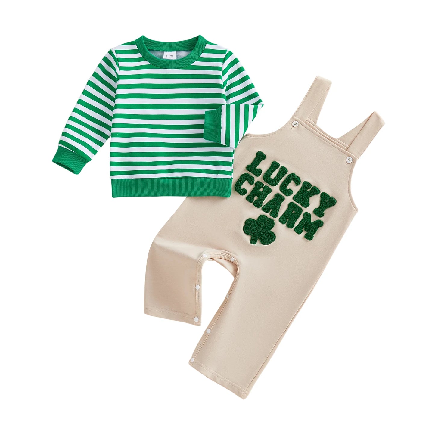 Baby Toddler Boys 2Pcs Spring Outfit Lucky Charm Long Sleeve Top and Shamrock Embroidery Overalls Set Clothes